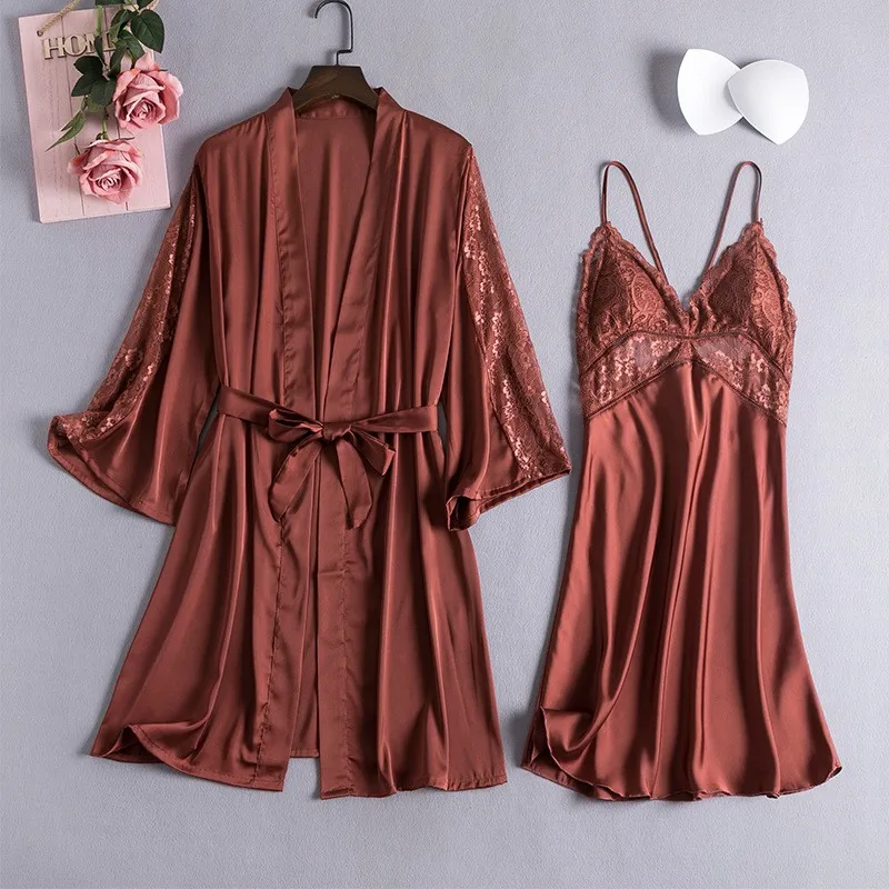 Атласная женская пижама халат-кимоно 2 шт. ночная рубашка и халат шелковая