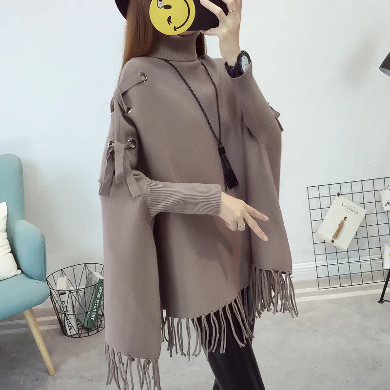 

Knitted Cape Coat Korean Fashion Fall Winter Turtleneck Bat Sleeve Tassel Hem Loose Cape and Poncho Lugentolo