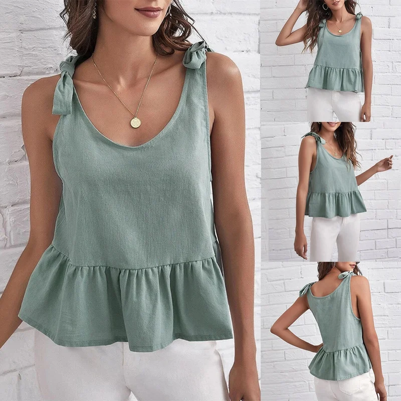 

Women's Casual Short-Sleeved Loose Camisole Hem Pleated Ruffled Tops T-Shirt