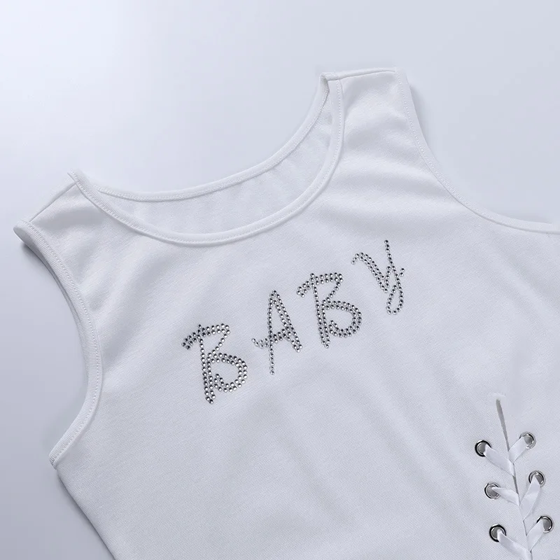 

Y2K Rhinestone Lace-Up White Cropped Vest Women Punk Style Letter Diamond Bandage Sleeveless Tank Tops Sexy E-girl Streetwear