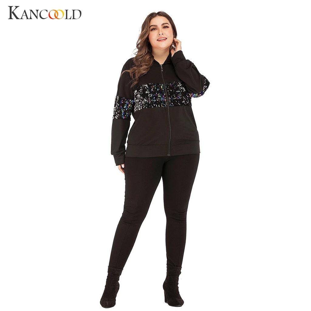 KANCOOLD coats Women's Sequined Patchwork Leisure Long Sleeve Loose Hooded Sweatshirt Coat Fashion new women 2019DEC9 | Женская