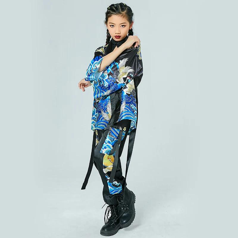 

Children Jazz Costume Chinese Style Hip Hop Clothes Blue Printed Tang Suit Girls Sweatshirt Tops Performance Stage Wear