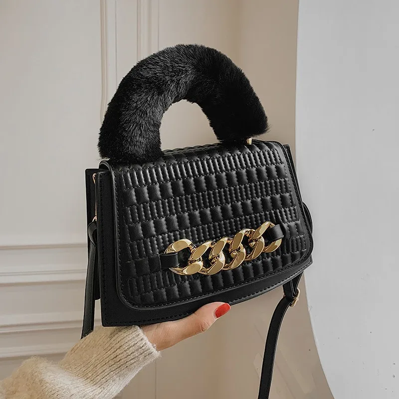 

Winter Fashion Furry Handbag Female Korean Style Texture Rhombic Embossed Crossbody Bag Simple Solid Color Chain Square Bag