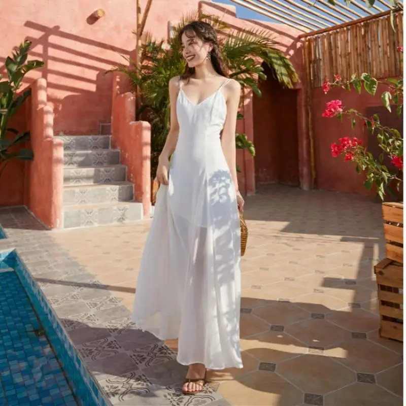 Платье женское длинное с открытыми плечами пикантная белая пляжная туника в