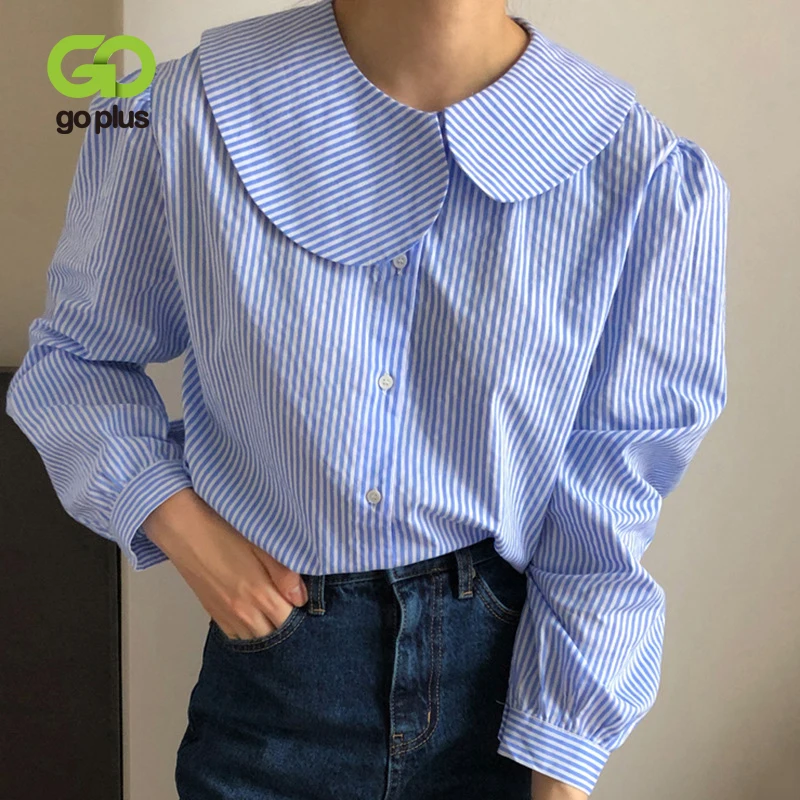 

GOPLUS Women's Shirt Blouse Korean Style Striped Turn Down Collar Long Sleeve Tops Ropa De Mujer 2021 Blusas Mujer De Moda