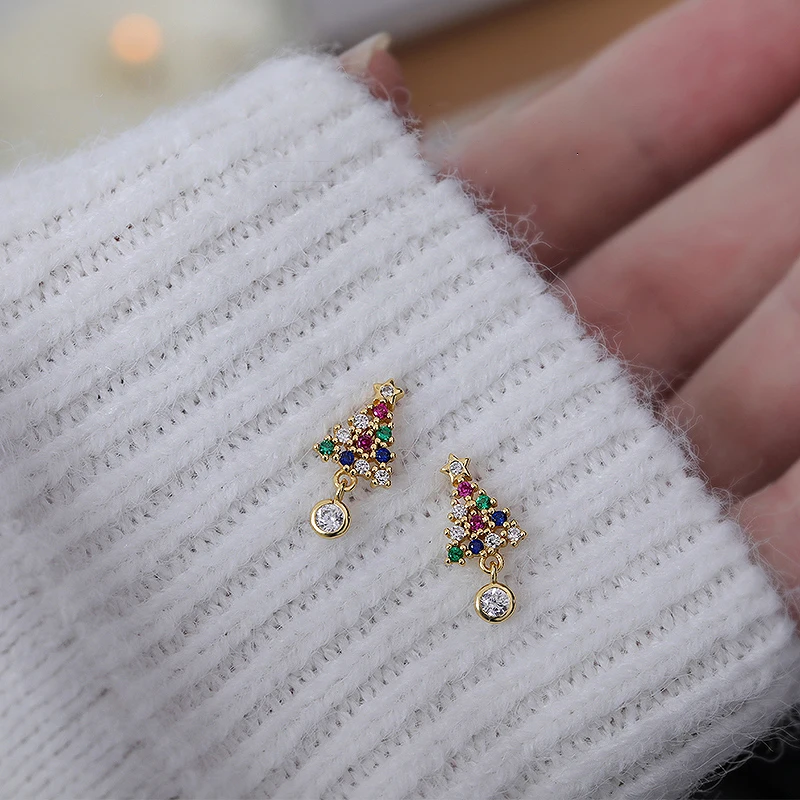 

YC4498E S925 Silver Fashion Classic Color Zircon Star Christmas Tree Ear Stud GIRL'S Gift Party Banquet WOMEN'S Jewelry Ear Stud