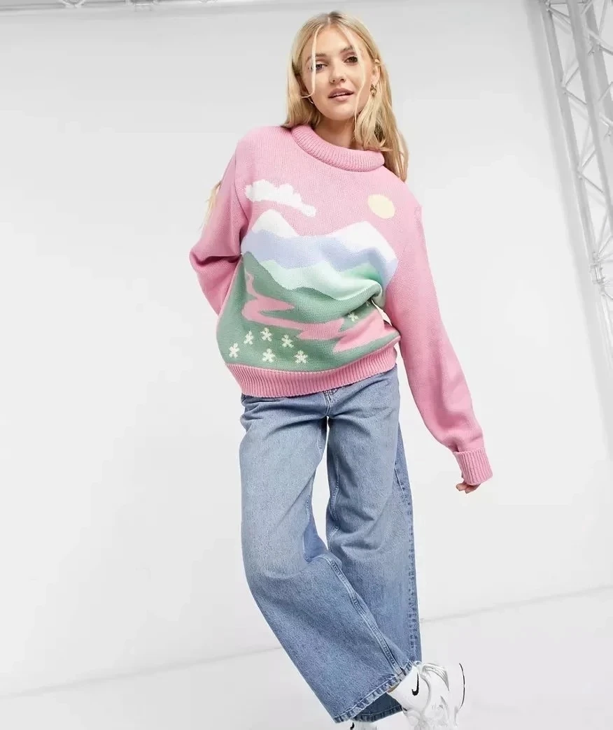 

2021 New Fall/Winter Warmth Pullover Sweater Cute Loose Wild Landscape Pattern Pullover Knitted Pink Sweater
