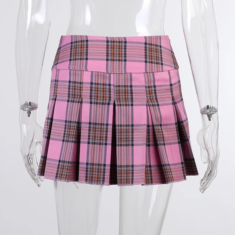 

ALLNeon Pastel Goth Pink Plaid Pleated Mini Skirts Y2K Aesthetics High Waist A-line Skirt E-girl Vintage Streetwear Punk Outfits