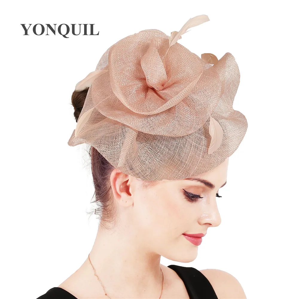 

Millinery Hat Sinamay Flower Wedding Fascinator Hat With Clips Women Fancy Feather Decor On Hair Bands Charming Headdress SYF707