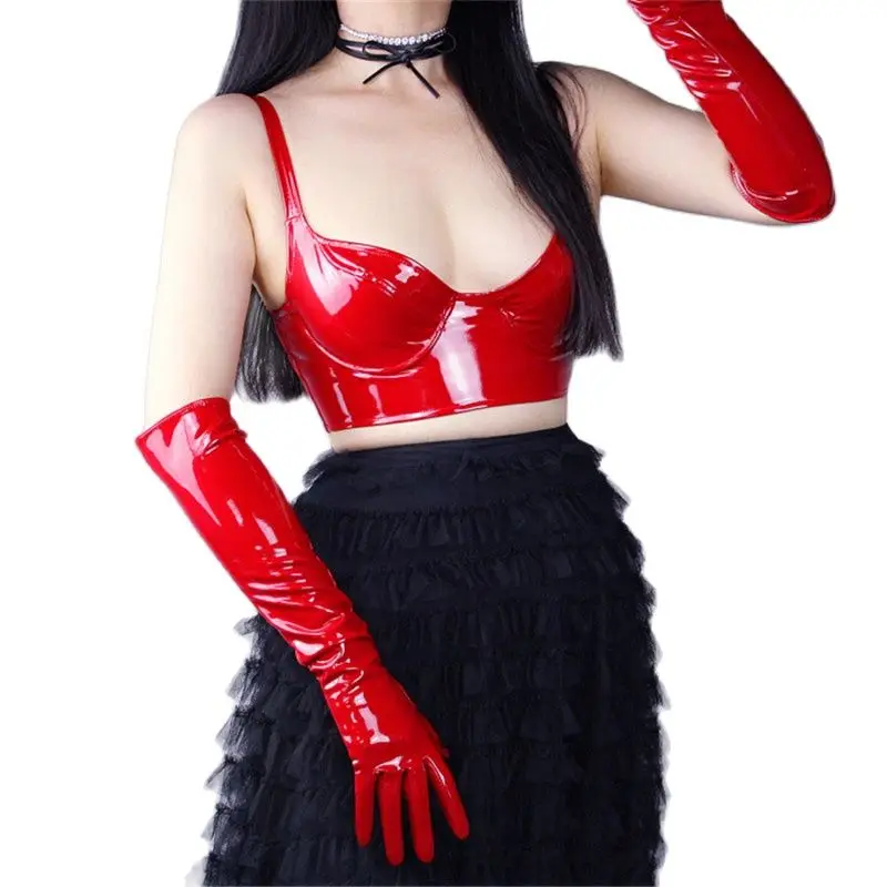 

50cm Long Section Patent Leather Gloves Emulation Leather Sheepskin PU Bright Leather Bright White Women's Gloves PU38-50