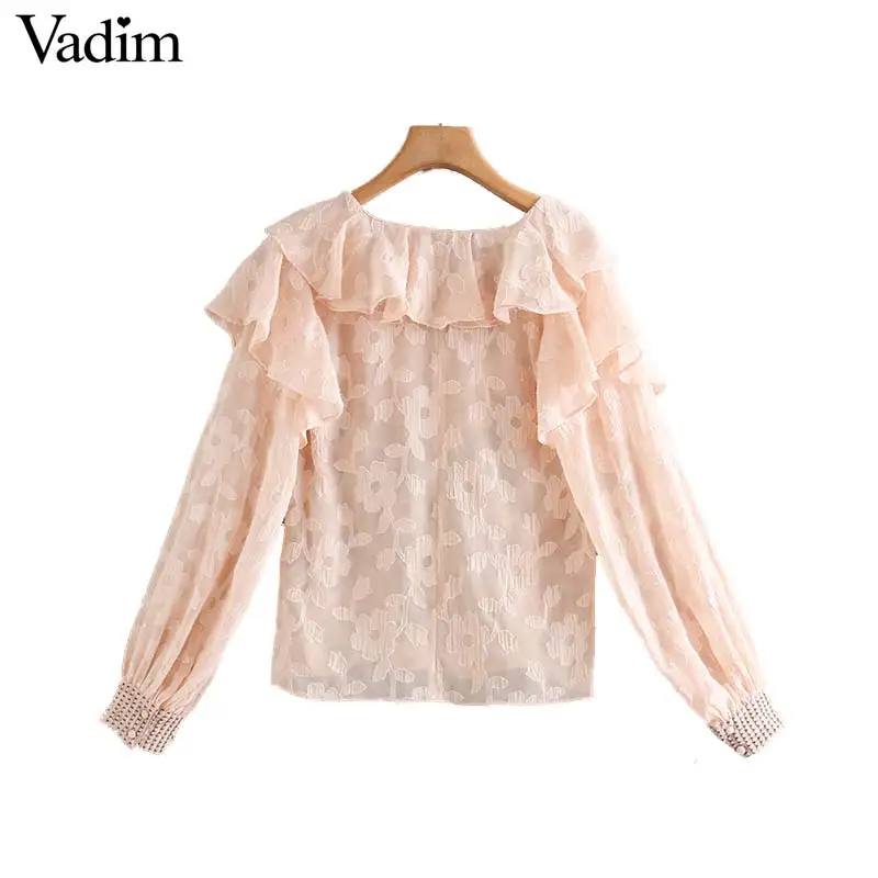Vadim women sweet ruffled floral blouses V neck long sleeve cute shirts female see through chic casual tops blusas LB673 |