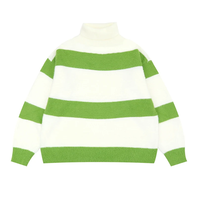 

Turtleneck Sweater Women Autumn Loose High Neck Collar Striped Pullovers Ladies Chic Knitted Jumper Knitwear Winter Clothes
