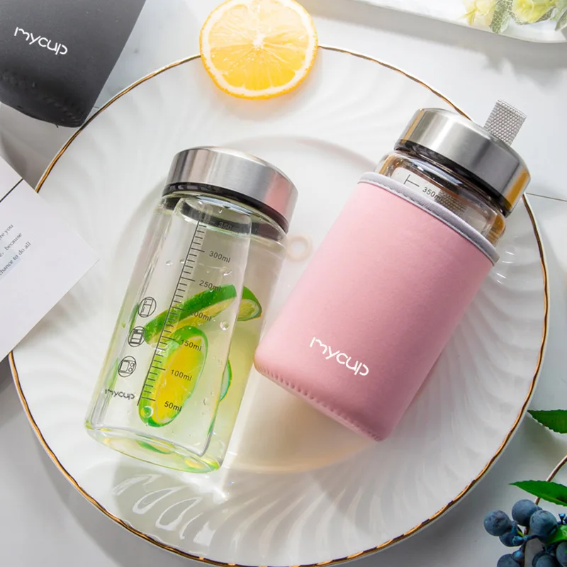 

Water Bottle Coffee Breakfast Cup Home Portable Takeaway Student Soy Milk Cup Glass Simple Scale Water Bottle with Lid