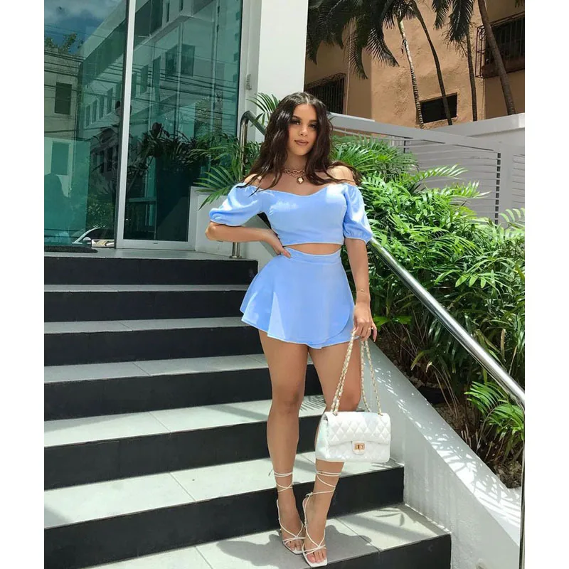 

Summer Clothing Two Piece Set Women Sexy One-shoulder Short-sleeve Culottes Solid Color 2-piece Suit Nightclub Outfits Wholesale