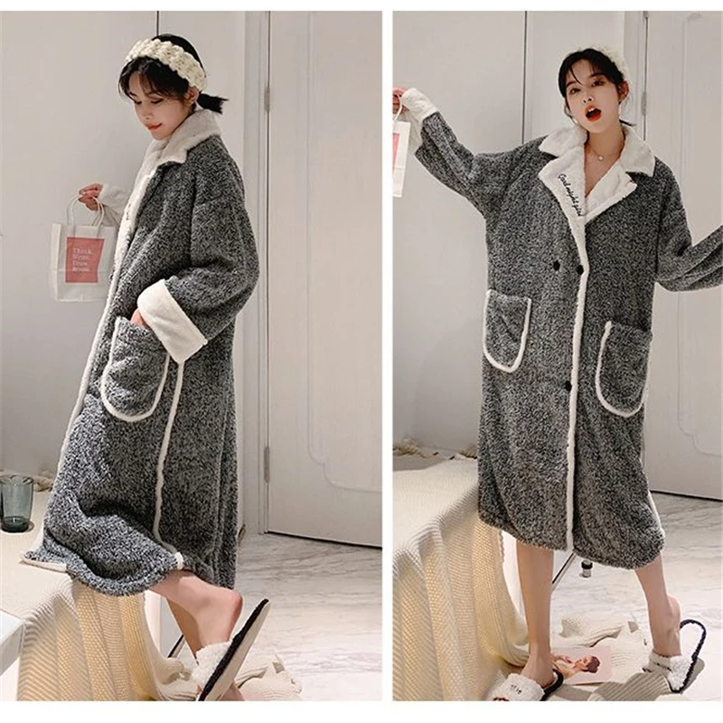 

Pajamas warm ladies pajamas women autumn winter thick coral fleece home service Korean long-sleeved loose bathrobes night robe