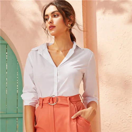 SHEIN белая однотонная однобортная Офисная Женская блузка рубашка женские топы осенние элегантные блузки с длинным рукавом и отложным воротником - Цвет: Белый
