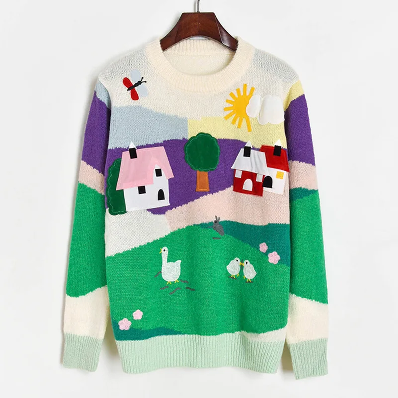 

Prairie Chic Sweater Women Loose Pullovers 2020 Christmas Jumpers O-neck Color House Appliques Jacquard Knitted Sweater