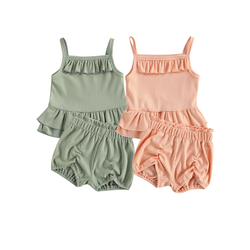

2Pcs Little Girls Outfit Summer Toddlers Solid Color Lace Decoration Sleeveless Suspender Top + Casual Shorts Set Two Piece Suit