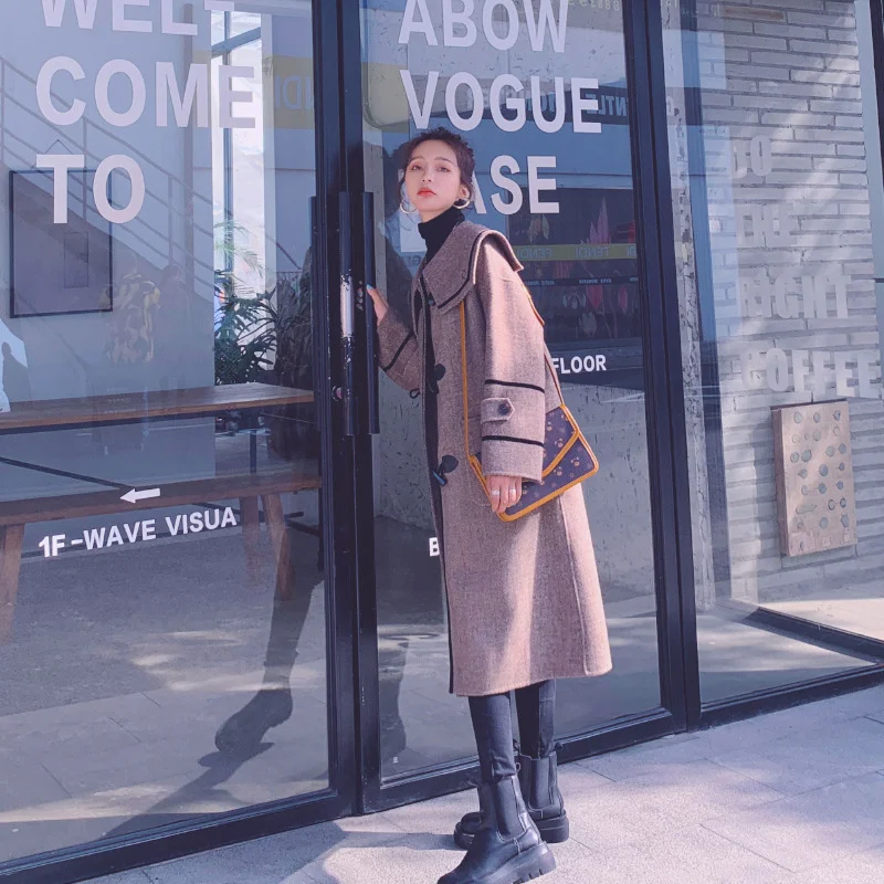 

Твидовое пальто, новинка 2021, женская одежда, женское двухстороннее твидовое шерстяное пальто в Корейском стиле, женское среднее и длинное п...