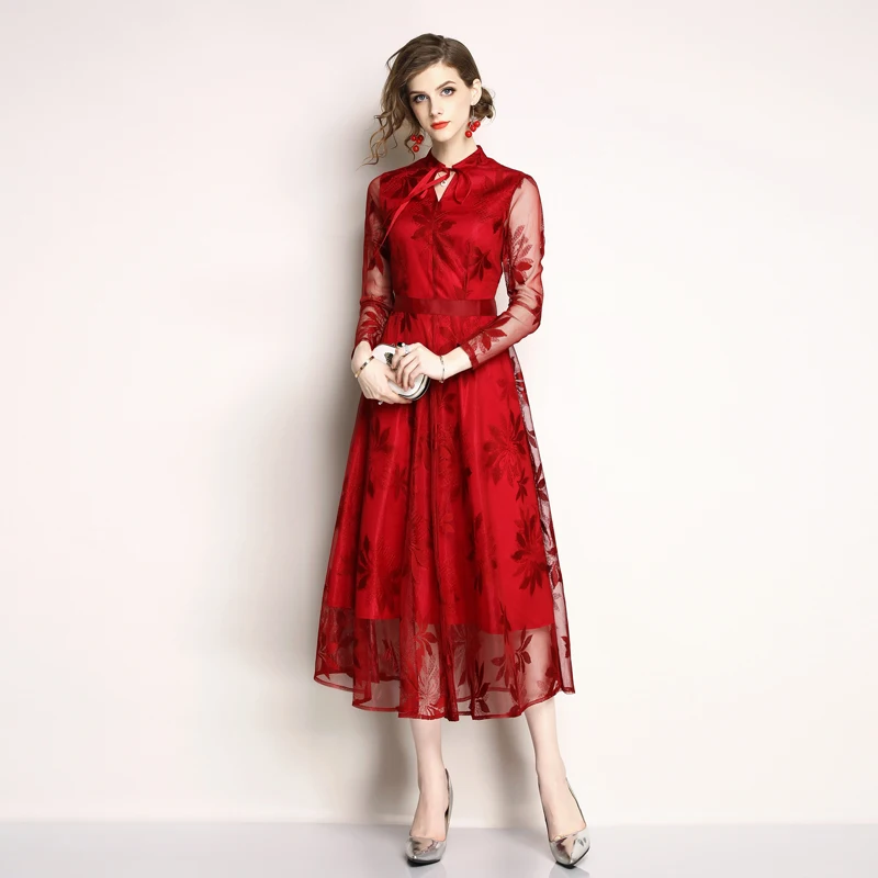 Длинные вечерние платья для подиума, черное кружевное платье, ropa mujer Invierno, жаккардовое женское кружевное платье, Vestido Mujer
