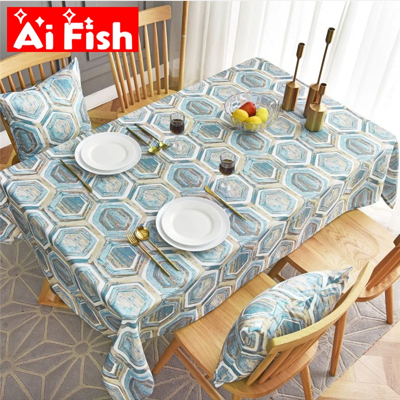 

Blue Geometric Tablecloth Kitchen Restaurant Cafe Tea Table Simple Oil-Proof Household Rectangular Table Cover Tablecloth X026-4