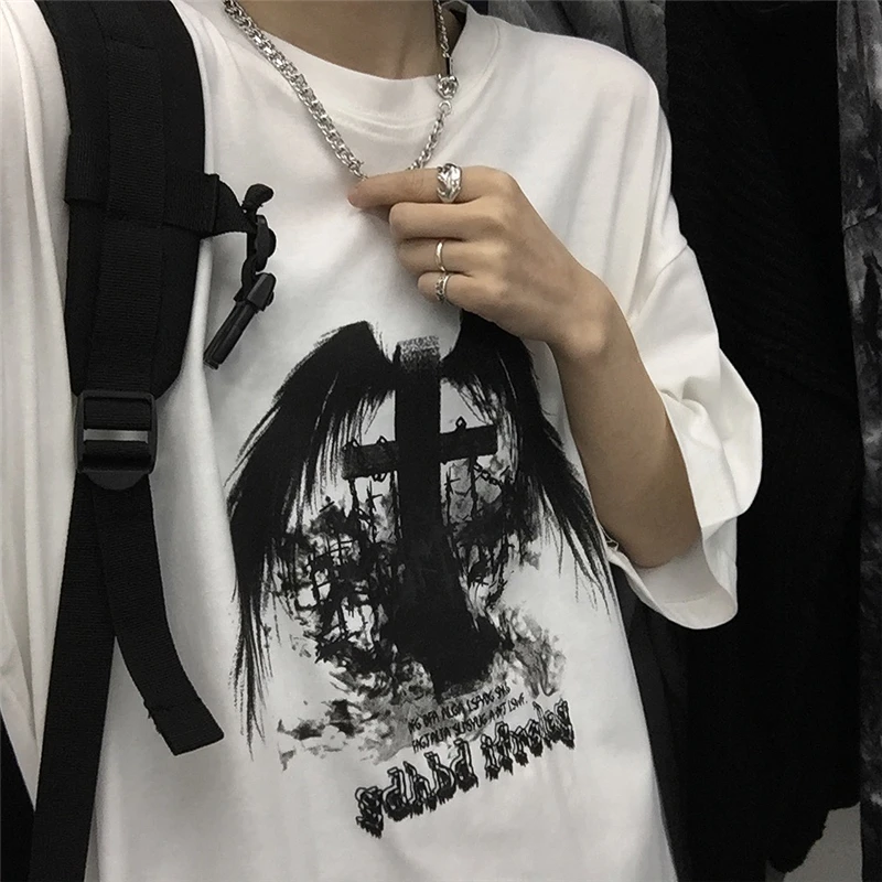 

Harajuku Women T-Shirt Cotton Black Short Sleeve Korean Tops Punk Y2K Dark Pattern Print Streetwear Hip Hop Dropshipping Clothes