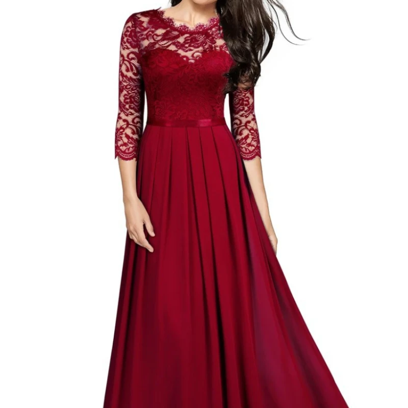 

Chiffon Stitching Lace Mid-sleeve Long Dress Bridesmaid Dress Party Dress dress for women