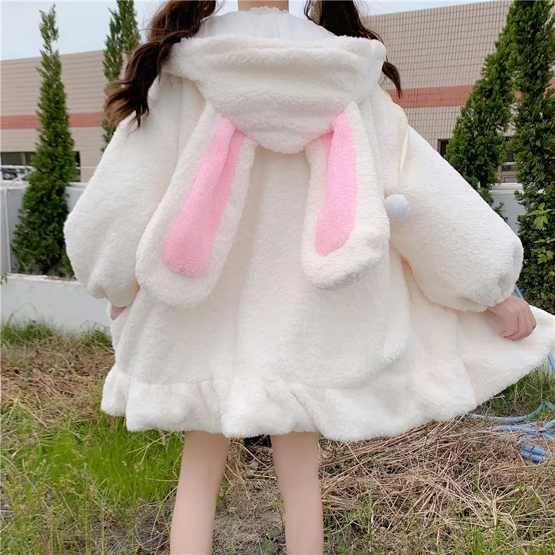 

Cute Bunny Ears Faux Fur Teddy Coat Women Winter Lolita Kawaii Plush Hooded Jacket Female Warm White Fluffy Overcoat Outerwear