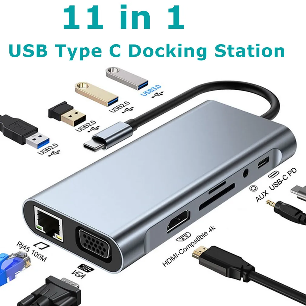 

USB Type C HUB USB C to HDMI-compatible RJ45 VGA AUX PD Adapter 11 in 1 USB 3.0 HUB for Macbook Pro Type C Dock Station Splitter