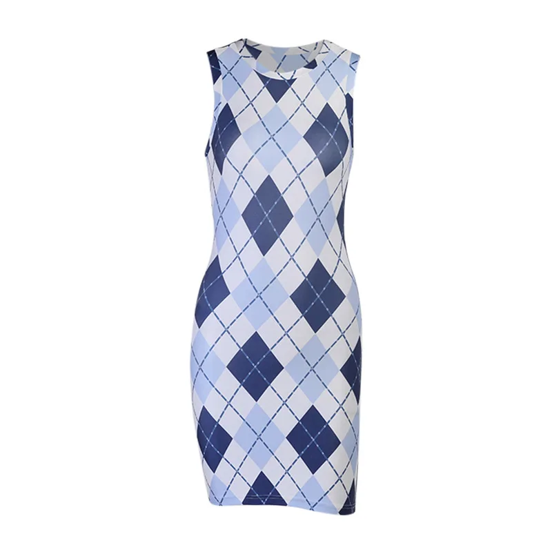 

2021 Summer New Women's Dress Slim Dress Rhombus Check Print Sleeveless Vest Dress Sexy Dress Women Short Prom Dress