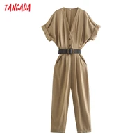 tangada women khaki with belt long jumpsuit for summer short sleeve pocket female casual jumpsuit qd65
