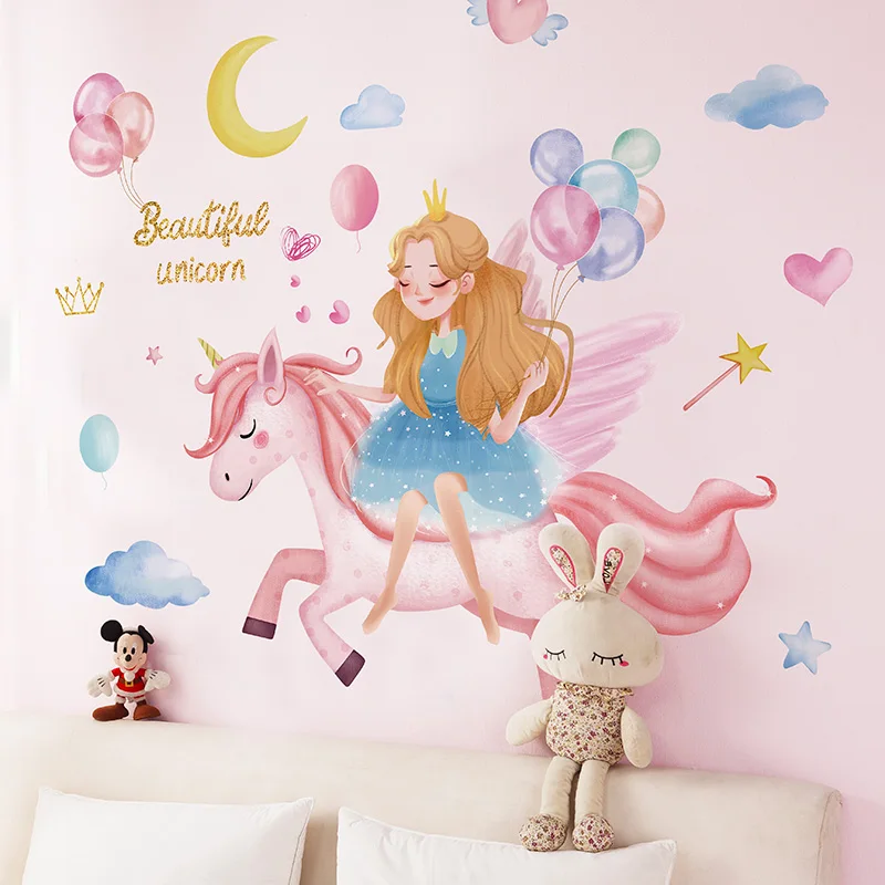 

[shijuekongjian] Cartoon Girl Wall Stickers DIY Unicorn Animal Wall Decals for Kids Bedroom Baby Rooms Nursery Home Decoration
