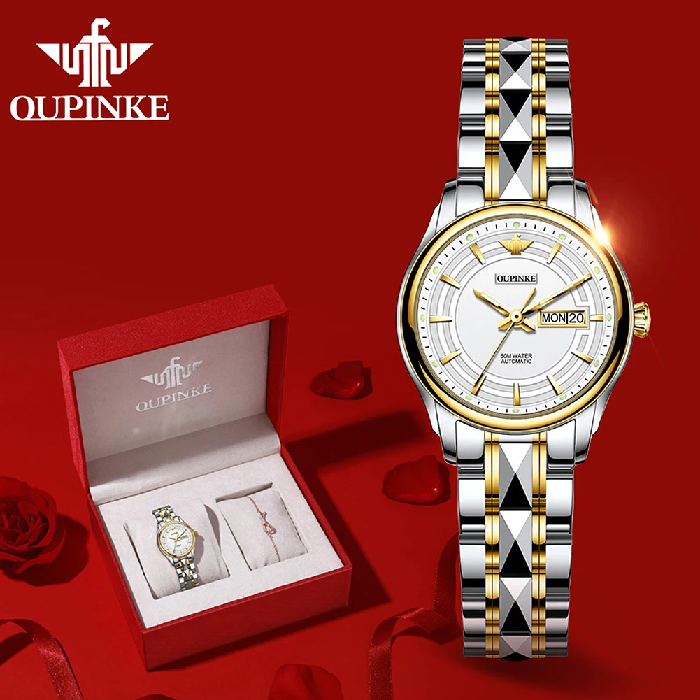 Enlarge OUPINKE Top Brand Luxury Women Automatic Mechanical Watches Waterproof Stainless Steel Watchstrap Automatic Women Watch Gift Set