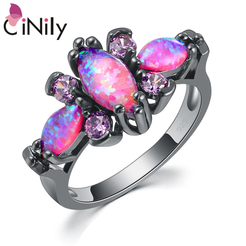 

CiNily Pink Big Fire Opal Stone Black Gold Color Rings Purple Violet Zircon Crystal Butterfly Animal Ring Fashion Jewelry Women