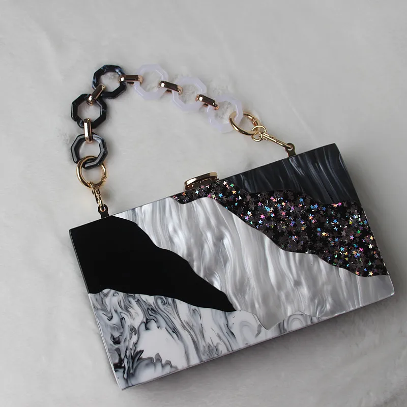 

Fashion Women Evening Bag Sequin Striped Acrylic Handbags Luxury Vintage Box Clutch for Party/Wedding