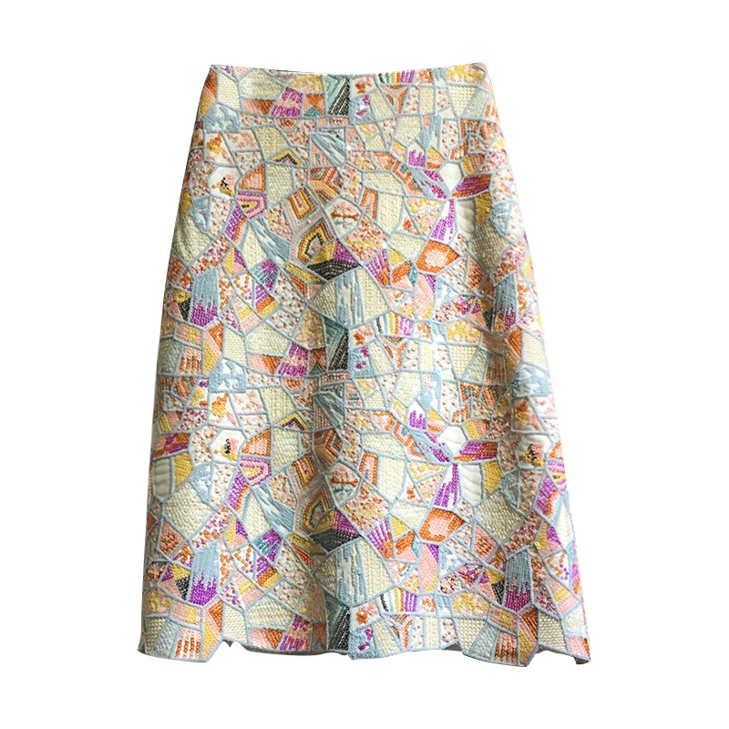 

2020 New Fashion Irregular Sequins Embroidered Lace A- Line Skirt Women's Summer Autumn Mid-Length High Waist Slim Hip Skirt