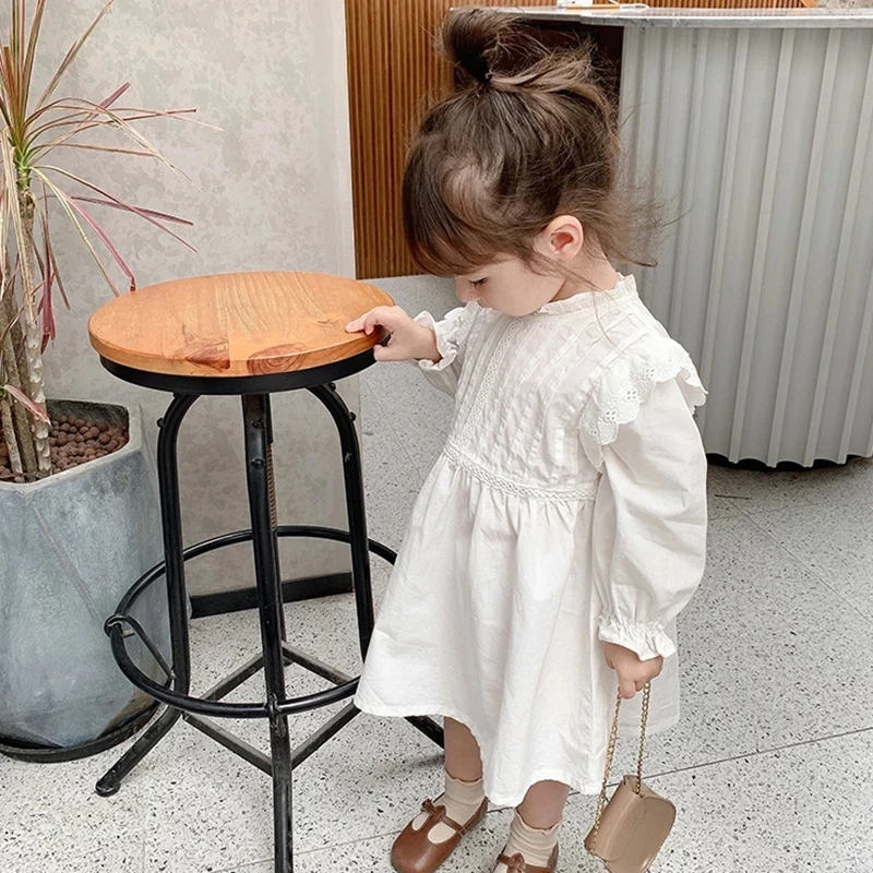 

Girls Flower Solid Color Dress Autumn Sweet Long Sleeve Princess Dresses Size For 90-130 Children Kids Casual White Cute Clothes