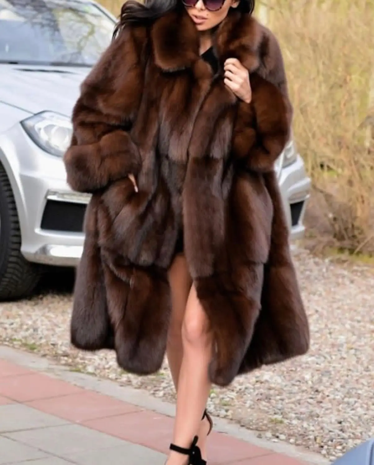 Arlenesain 2020 Темно коричневое длинное женское пальто из натурального меха