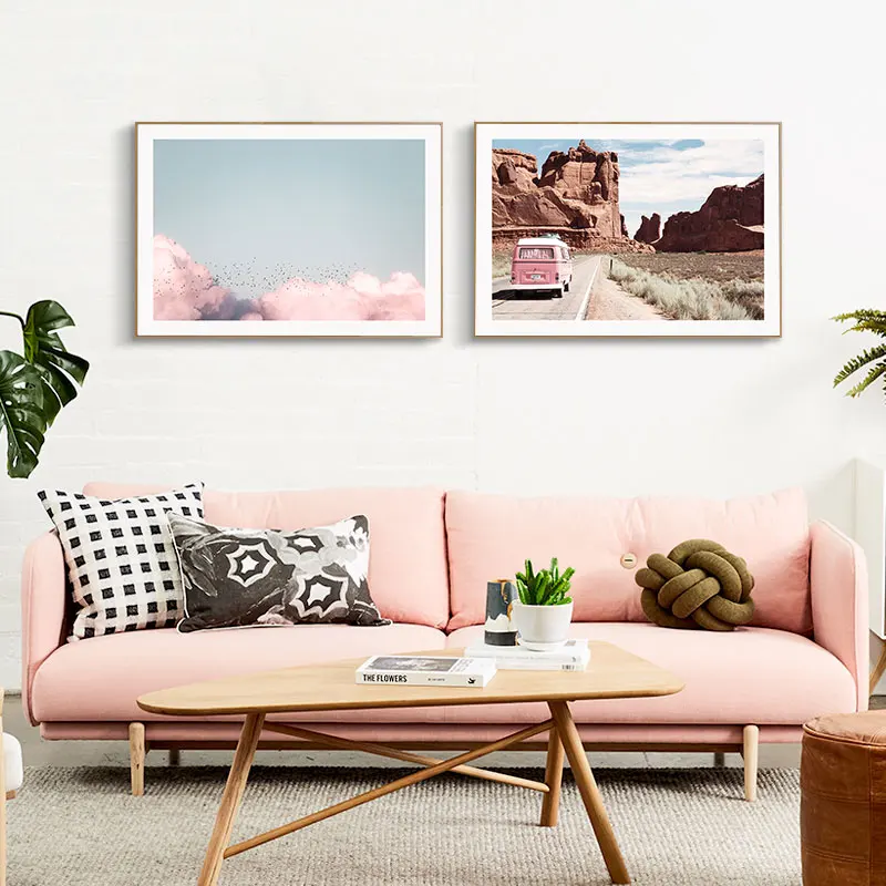 

Travel Poster Natural Landscape Canvas Nordic Pink Sty Car Photography Painting Art Print Wall Picture Living Room Home Decor
