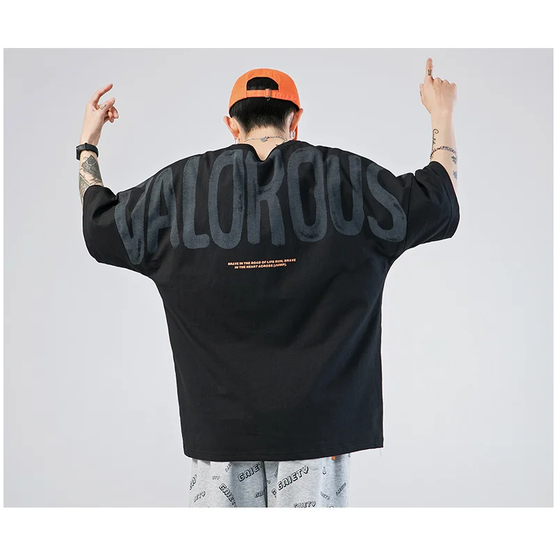 

Summer New Fashion Trend Letter Printing Neck Mens Short-sleeved Loose Daily T-shirt Cotton All-match Black