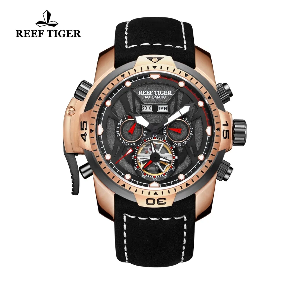 

Reef Tiger/RT Mens Sport Watches Genuine Black Leather Strap Complicated Dial Rose Gold Automatic Watches RGA3532