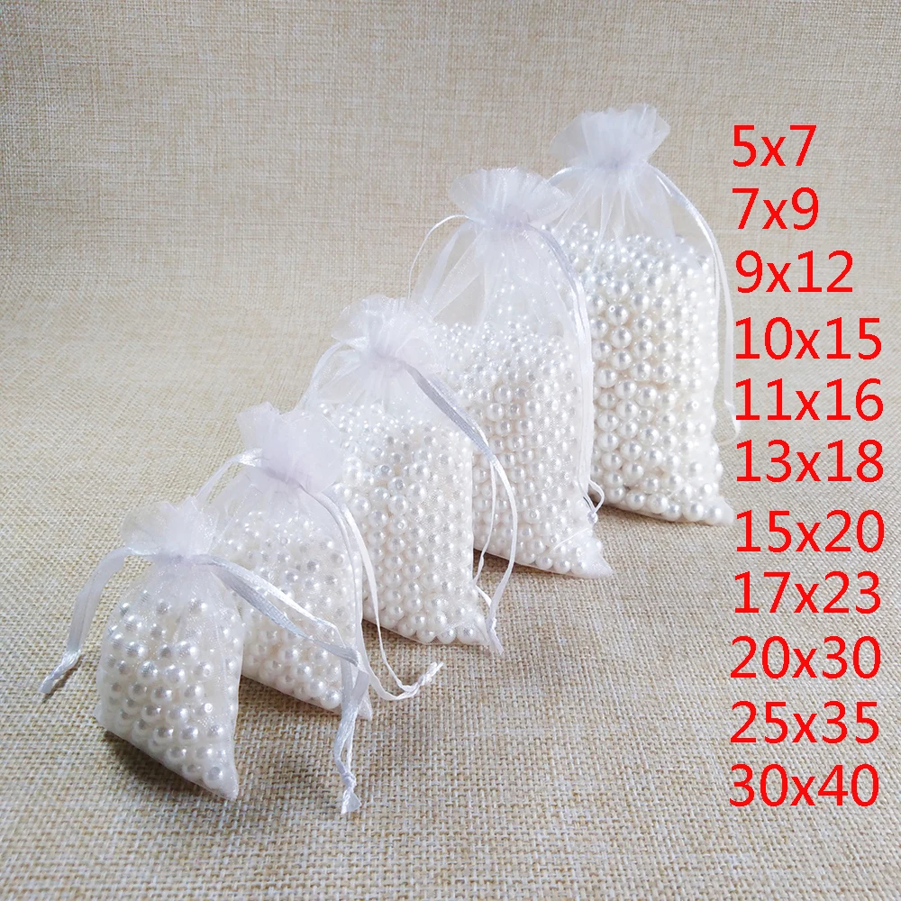 

100 шт./лот белые сумки из органзы на шнурке 7x9 9x12 10x15 13x18 15x20 см свадебвечерние подарочные пакеты для украшений на день рождения