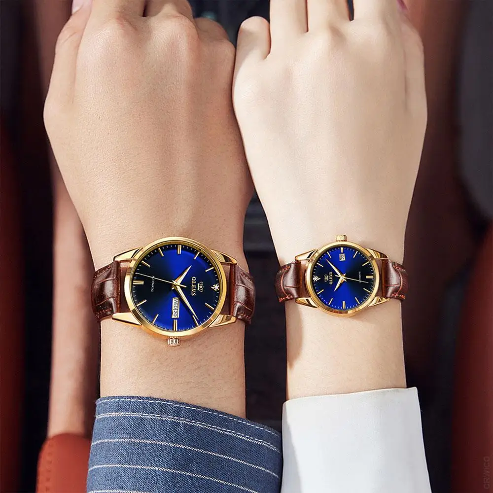 OLEVS Couple Automatic Watch for Men Women Pair Matching His & Hers Mechanical Watches Wristwatch Date Valentine's Gifts Set