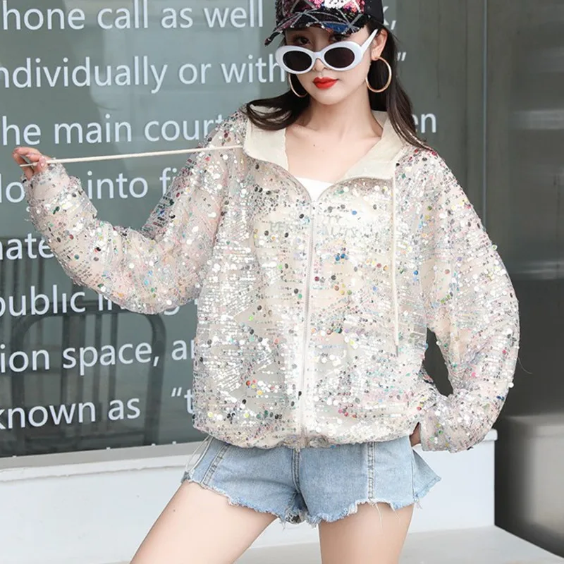 

Summer New Streetwear Hooded Women's Clothing Zipper Cardigan Jacket Loose Embroidery Sequins Long Sleeved Outerwear Coats