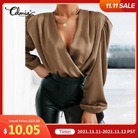 women satin tunics 2021 sexy blouse celmia party long puff sleeve tops fashion streetwear solid color wrap v neck autumn blusas
