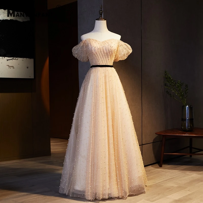 

2021 New Arrival Pearls Sweep Train Off the Shoulder A-Line Wedding Dress Custom Made Lace Up Back Boat Neck Bridal Gown