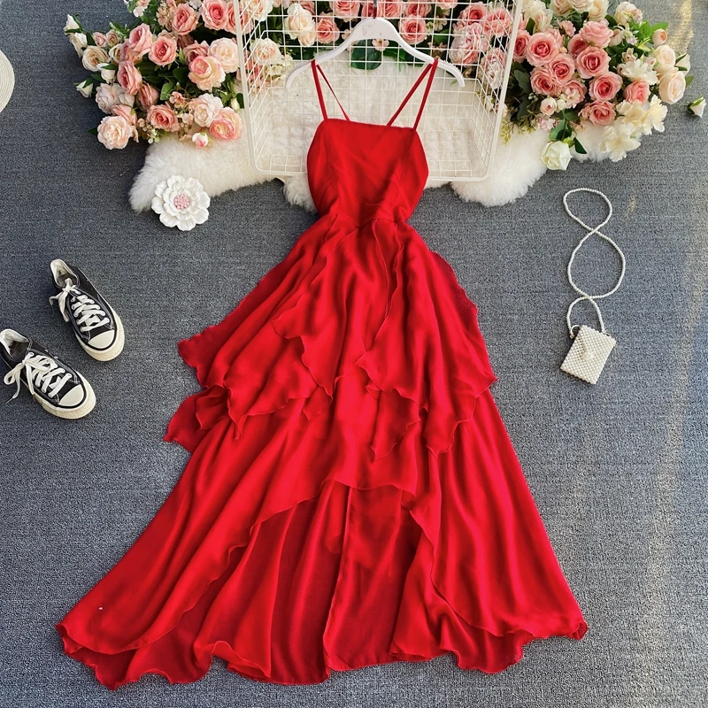 

Пикантные красные/белые вечерние Спагетти ремень длинное платье для женщин пляжный отдых с асимметричным подолом с оборками с высокой тали...