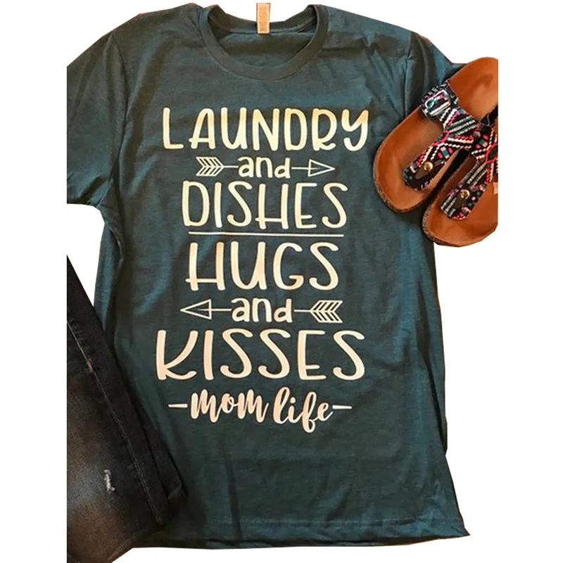 

Laundry Dishes Hugs Kiss Mom Life T Shirt Women O-Neck Short Sleeve Funny Graphic Tees Casual Womens T-Shirt Summer Tops