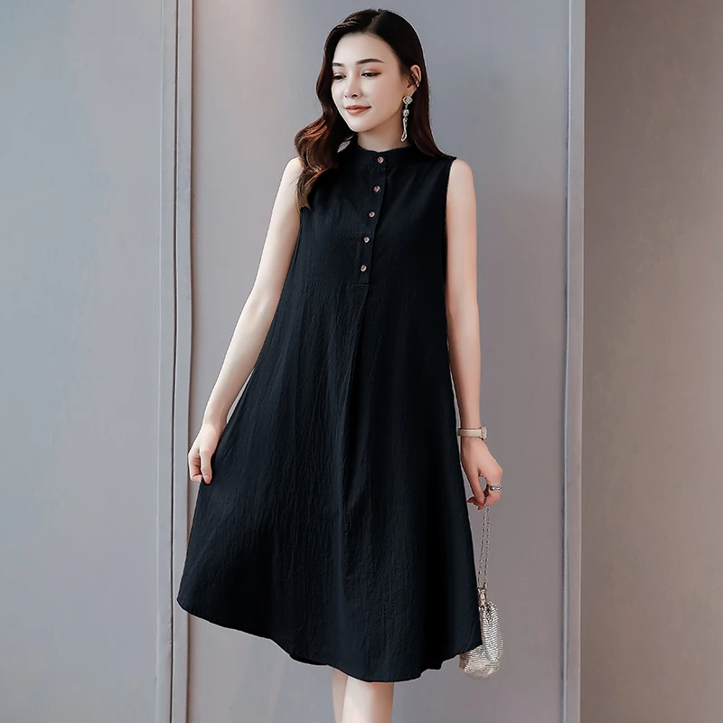 Женское свободное платье-рубашка без рукавов повседневное однотонное
