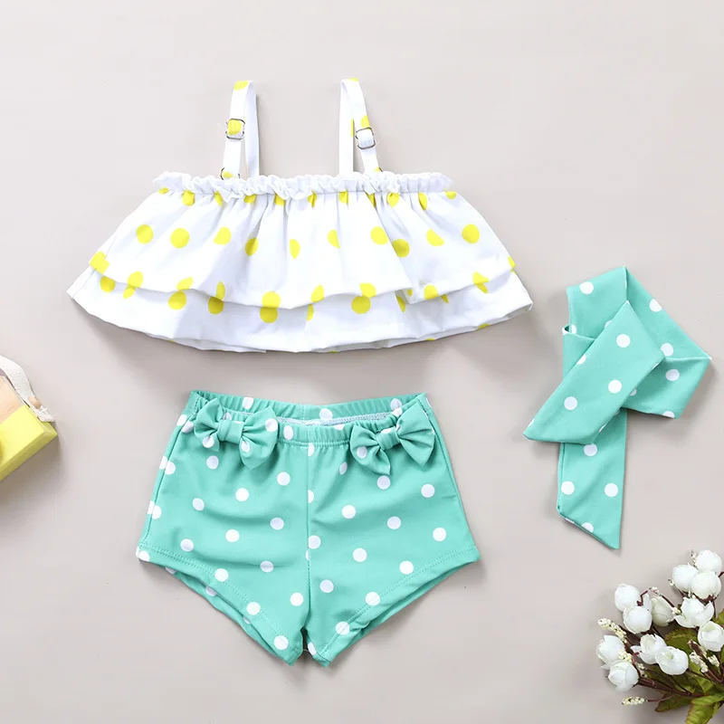 Купальный костюм в горошек с бантом и воланами для девочек детский купальник